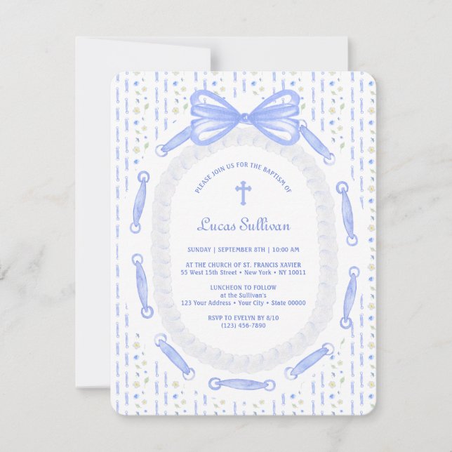 Blue Bow Ribbon Frame Floral Baptism Invitation (Front)