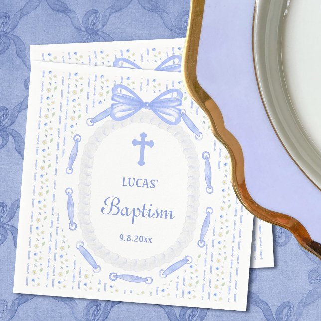 Blue Bow Ribbon Frame Floral Baptism Napkins (Creator Uploaded)