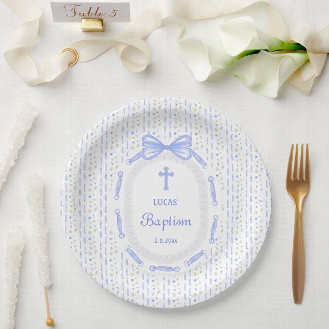 Blue Bow Ribbon Frame Floral Baptism Paper Plates (Wedding)
