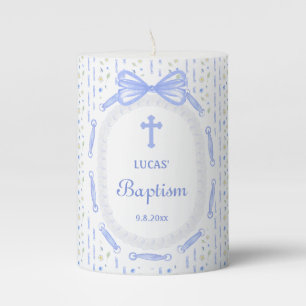 Blue Bow Ribbon Frame Floral Baptism Pillar Candle