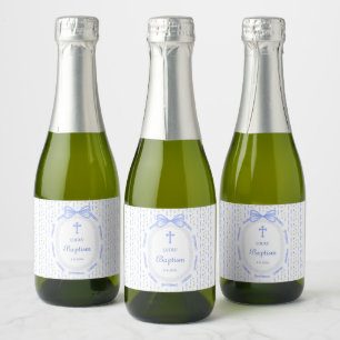 Blue Bow Ribbon Frame Floral Baptism Sparkling Wine Label