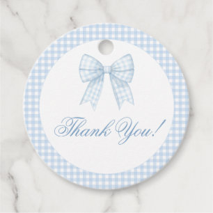Blue bow ribbon gingham baby boy shower thank you favor tags