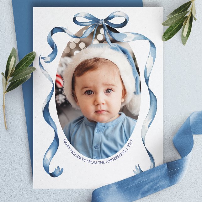 Blue Bow Ribbon Oval Frame Christmas Photo Holiday Card (Creator Uploaded)