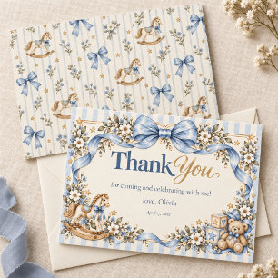 Blue Bow Rocking Horse Baby Gift Thank You Card