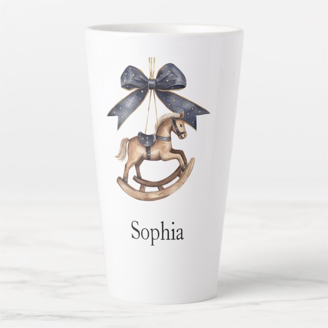 Blue Bow Rocking Horse Christmas Latte Mug (Front)