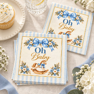 Blue Bow Rocking Horse Oh Baby Shower Napkins
