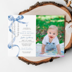 Blue Bow & Rosary Photo First Holy Communion Invitation