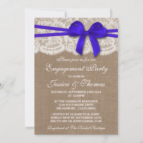 Blue Bow Rustic Burlap  Lace Engagement Party Invitation