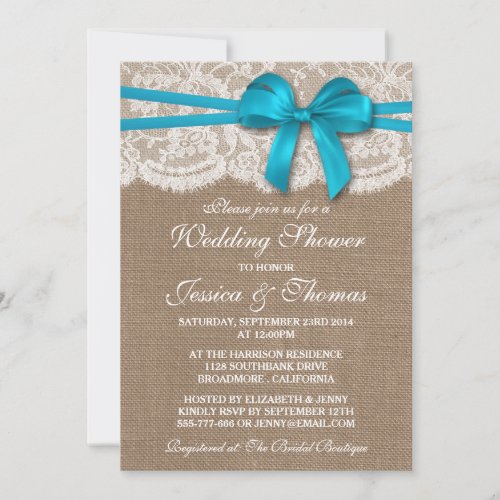 Blue Bow Rustic Burlap  Lace Wedding Shower Invitation