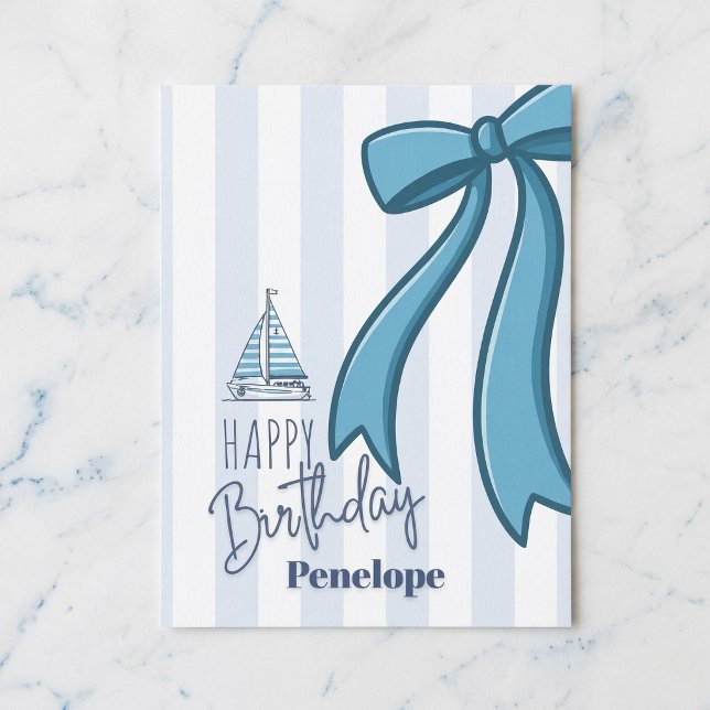 Blue Bow Sailboat Birthday Postcard (Sailing right to their mailbox.)