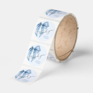 Blue Bow script Oh boy Baby shower Thank you Classic Round Sticker