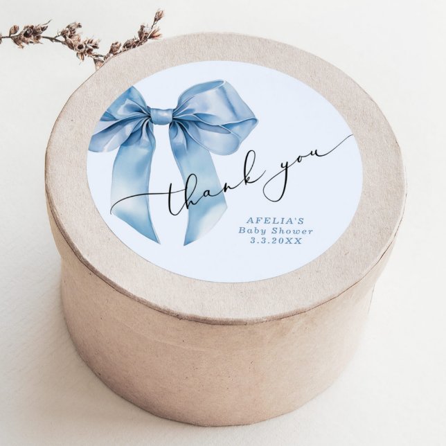 Blue Bow script Oh boy Baby shower Thank you Classic Round Sticker (Creator Uploaded)