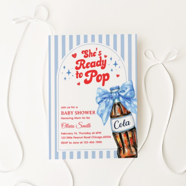 Blue Bow She's Ready to Pop Baby Shower Invitation (Creator Uploaded)