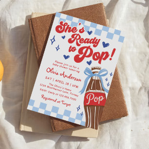 Blue Bow She's Ready to Pop Baby Shower Invitation