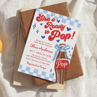 Blue Bow She's Ready to Pop Baby Shower Invitation