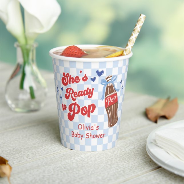 Blue Bow She's Ready to Pop Baby Shower Paper Cups (Insitu)