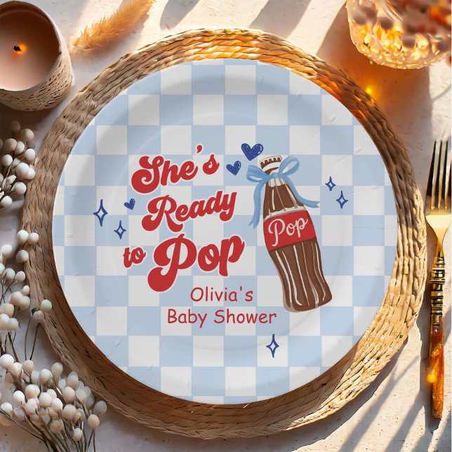 Blue Bow She's Ready to Pop Baby Shower Paper Plates (Creator Uploaded)