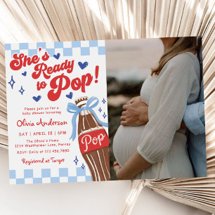 Blue Bow She's Ready to Pop Baby Shower Photo Invitation