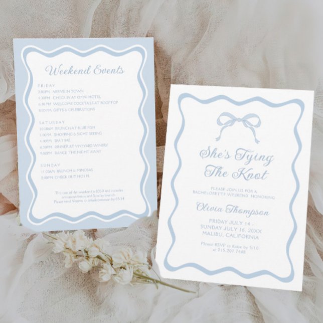 Blue Bow She's Tying the Knot Bachelorette Party Invitation (Creator Uploaded)