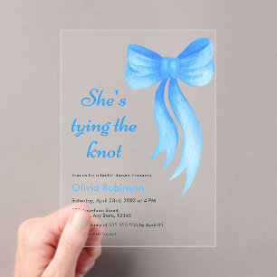 Blue Bow She's Tying the Knot Bridal Shower Acrylic Invitations