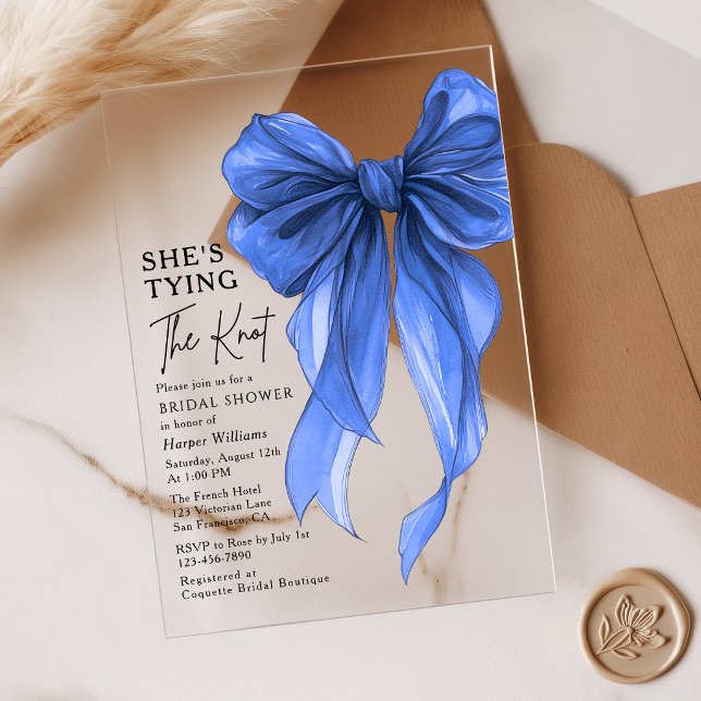 Blue Bow She's Tying The Knot Bridal Shower Acrylic Invitations (Creator Uploaded)
