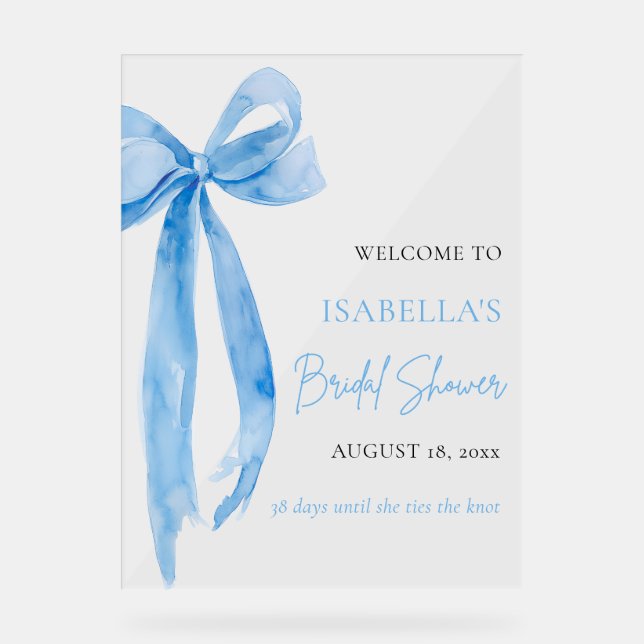 Blue Bow She's Tying the Knot Bridal Shower Acrylic Sign (Front)
