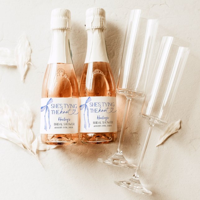 Blue Bow Shes Tying the Knot Bridal Shower Brunch Sparkling Wine Label (Creator Uploaded)