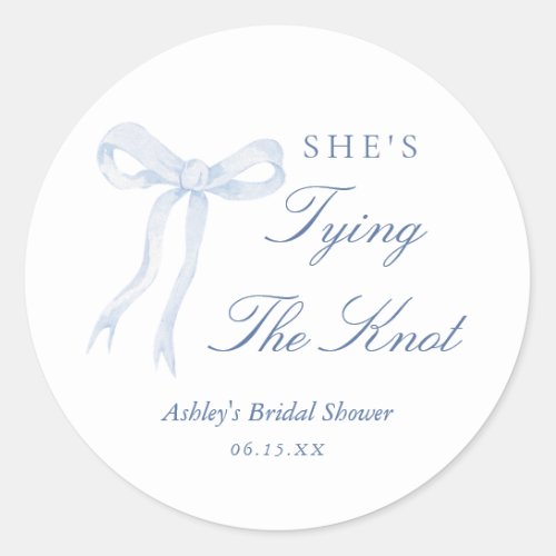 Blue Bow Shes Tying The Knot Bridal Shower Classic Round Sticker