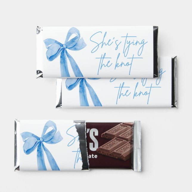 Blue Bow She's Tying the Knot Bridal Shower Hershey Bar Favors (Front)