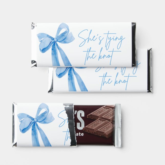 Blue Bow She's Tying the Knot Bridal Shower Hershey Bar Favors (Front)