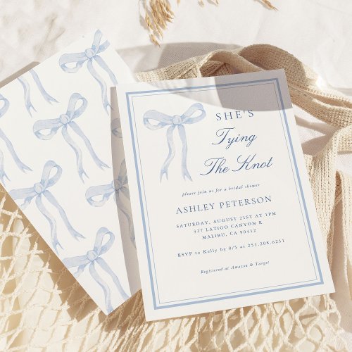Blue Bow Shes Tying The Knot Bridal Shower Invitation
