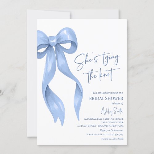 Blue Bow She&#39;s Tying the Knot Bridal Shower Invitation