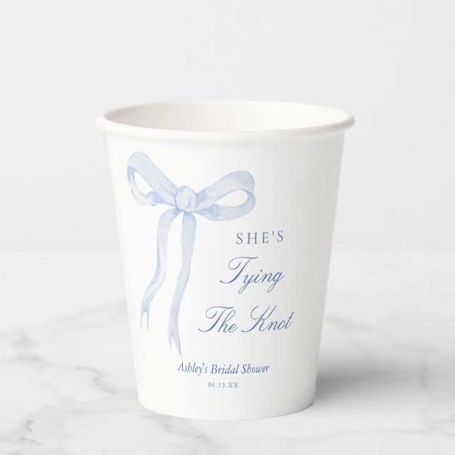 Blue Bow She's Tying The Knot Bridal Shower Paper Cups (Front)