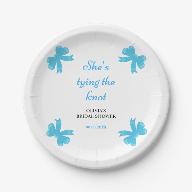 Blue Bow She's Tying The Knot Bridal Shower Paper Plates (Front)