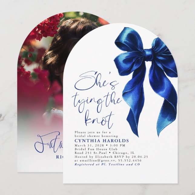 Blue Bow She's Tying the Knot Bridal Shower Photo Invitation (Front/Back)