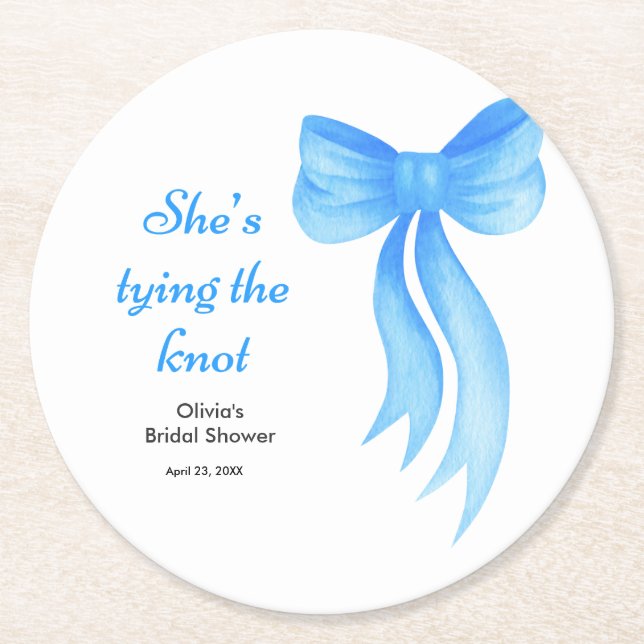 Blue Bow She's Tying the Knot Bridal Shower  Round Paper Coaster (Front)