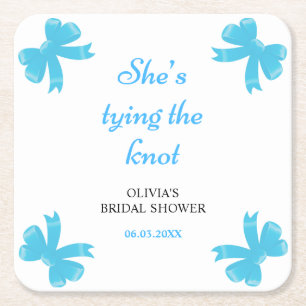 Blue Bow She's Tying The Knot Bridal Shower Square Paper Coaster