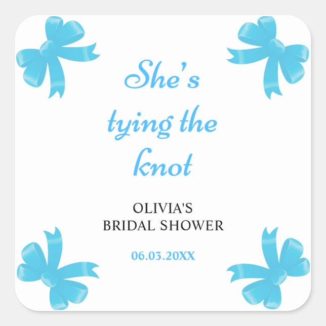 Blue Bow She's Tying The Knot Bridal Shower Square Sticker (Front)