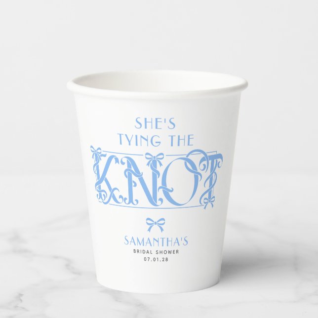 Blue Bow She's Tying the Knot Chic Bridal Shower Paper Cups (Front)