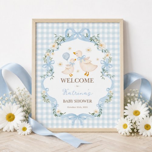Blue Bow Silly Goose Boy Baby Shower Welcome Poster