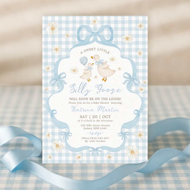 Blue Bow Silly Goose Daisy Floral Boy Baby Shower Invitation (Creator Uploaded)