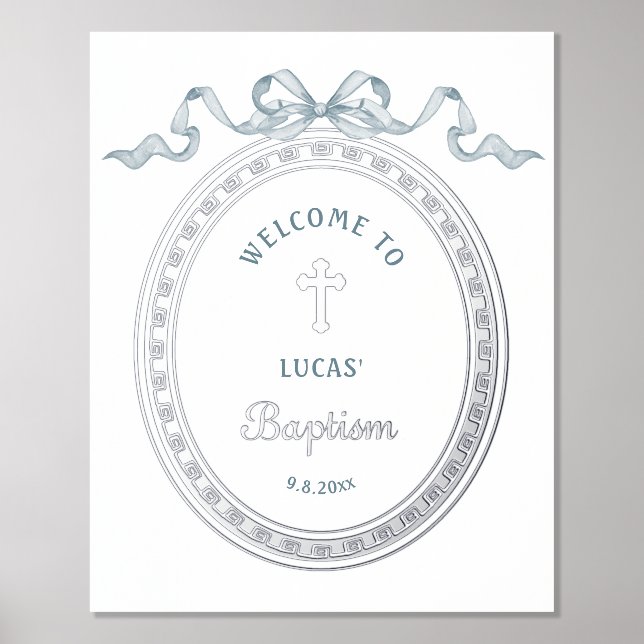 Blue Bow Silver Greek Frame Baptism Foil Poster (Front)