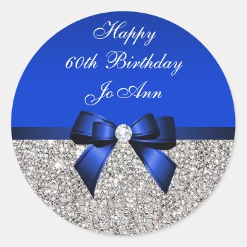 Blue Bow Silver Sequins Birthday Classic Round Sticker by AJ_Graphics at Zazzle