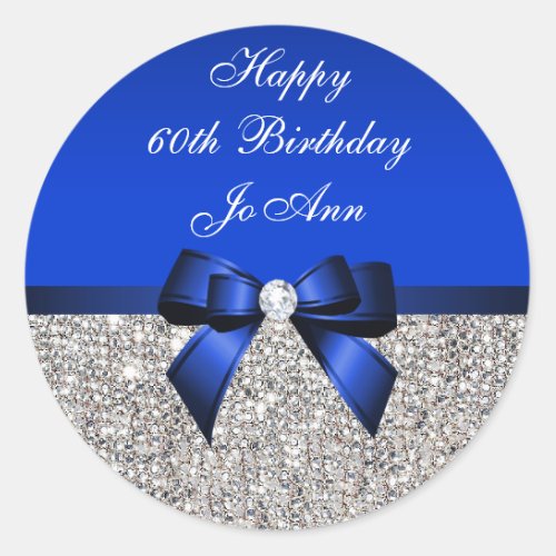 Blue Bow Silver Sequins Birthday Classic Round Sticker