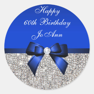 Blue Bow Silver Sequins Birthday Classic Round Sticker