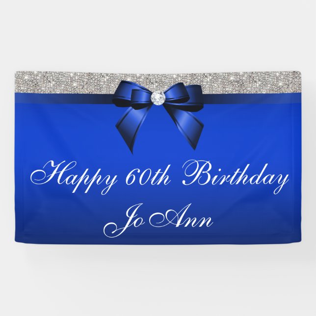 Blue Bow Silver Sequins Personalized Birthday Banner (Horizontal)