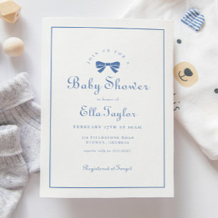 Blue Bow Simple Elegant Boy Baby Shower Invitation