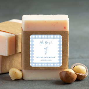 Blue bow simple plaid boys baby shower square sticker