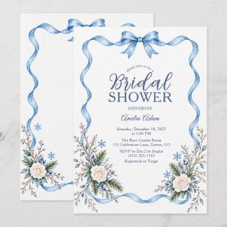 Blue Bow Snow Winter Floral Bridal Shower Invitation