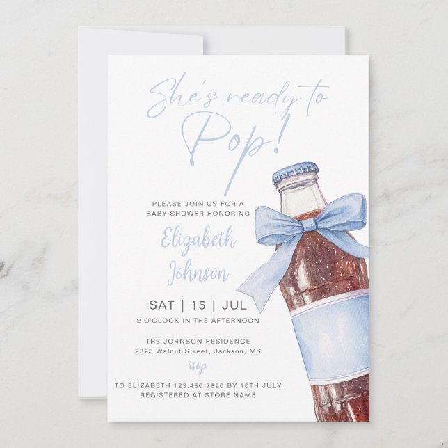 Blue Bow Soda Bottle Baby Shower All In One Invitation (Front)
